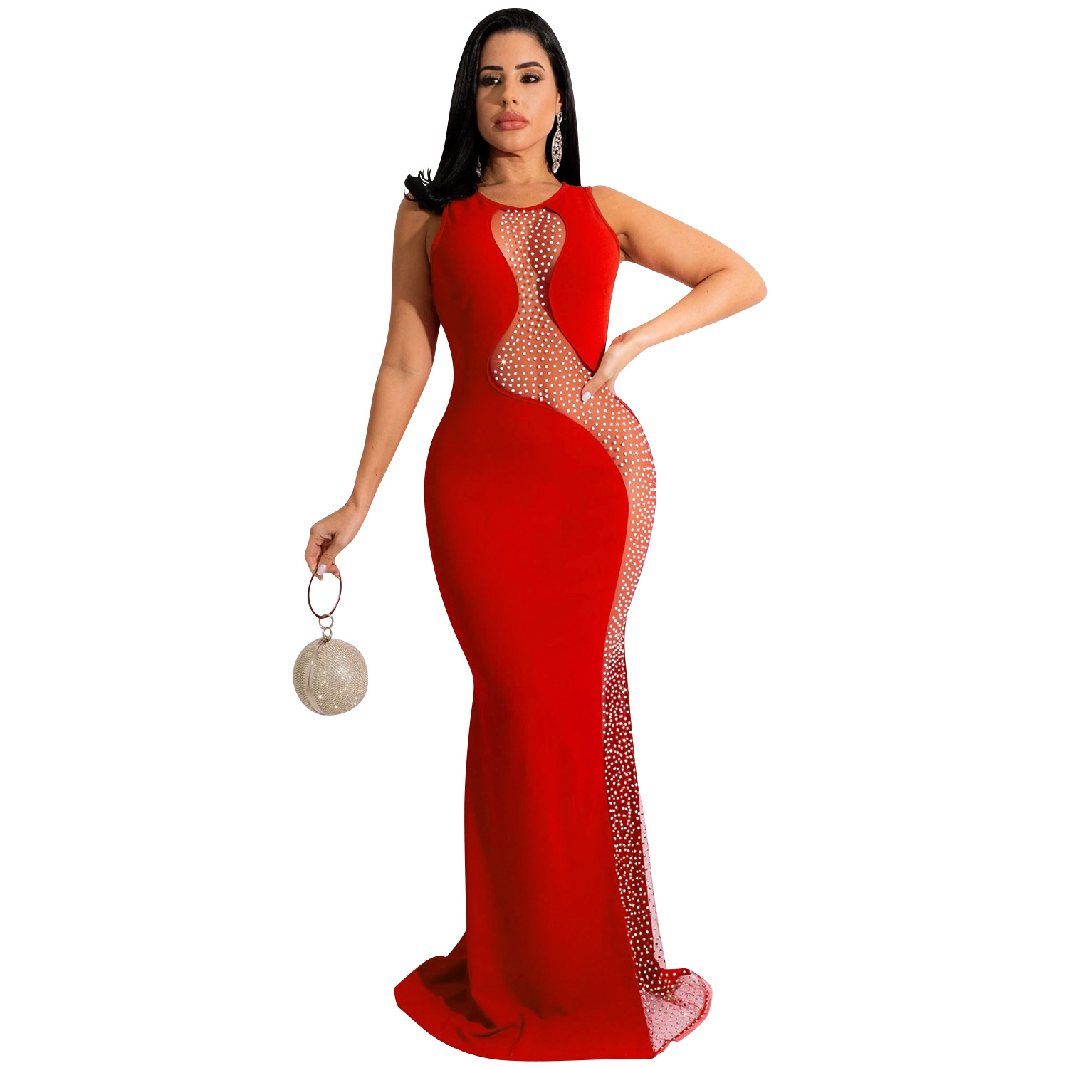 X5580 AliExpress Amazon discoteca estilo sexy rhinestone malla transparente sin mangas backless vestido de las mujeres