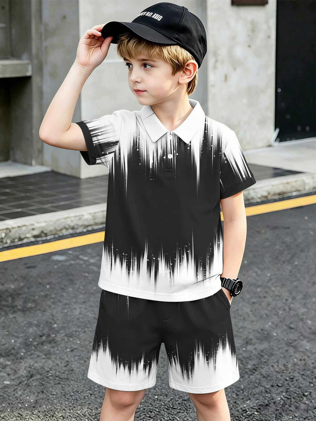 Conjunto de polo e calções para menino com estampado 3d_voghion.com