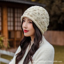 手工钩花帽子女秋冬百搭保暖柔软花朵套头帽双层针织毛线帽包头帽