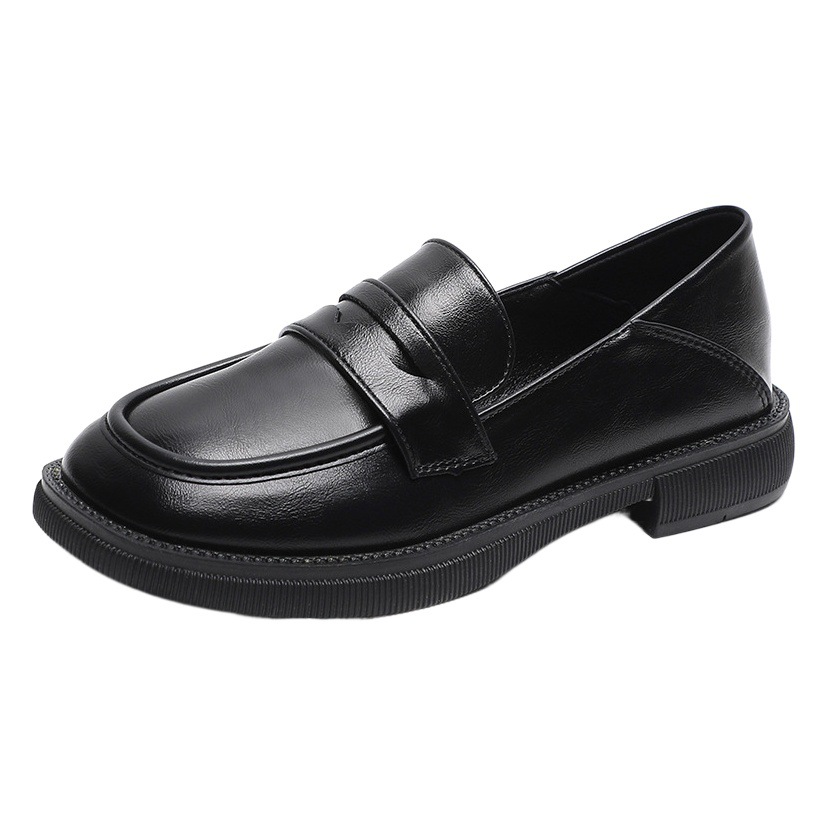 Zapatos de cuero negros estilo británico para mujer con suela gruesa, mocasines de tacón grueso sin cordones, nuevos de primavera 2025, zapatos de mujer de punta redonda y doble uso.