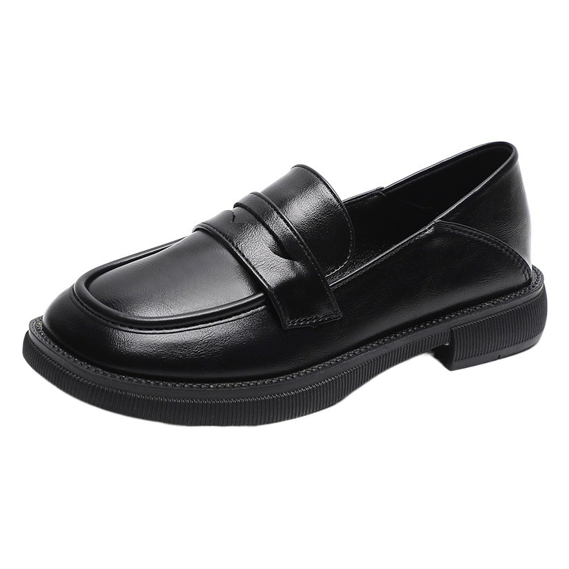 Черные британские маленькие кожаные туфли для женщин на толстой подошве. Весна 2024, новый стиль, лоферы без шнуровки на толстом каблуке, женская обувь для двух видов одежды с круглым носком.