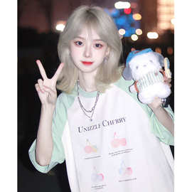 t恤女新款撞色拼接字母印花中长款圆领显瘦上衣夏季爆款CX6086
