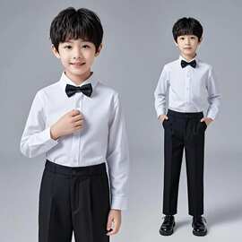 儿童白衬衫加绒长袖男童衬衣黑裤女童表演出服小学生秋冬班服朗诵