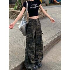 美式辣妹高街迷彩工装裤女夏季新款高腰宽松显瘦百搭阔腿牛仔裤子