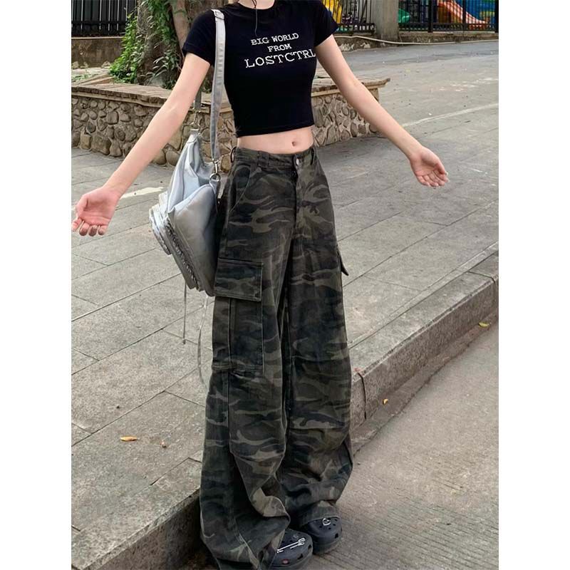 American Hot Girl High Street Camouflage Overalls for Women Summer New High-Waisted Loose Slimming Versatile Wide-Leg Jeans