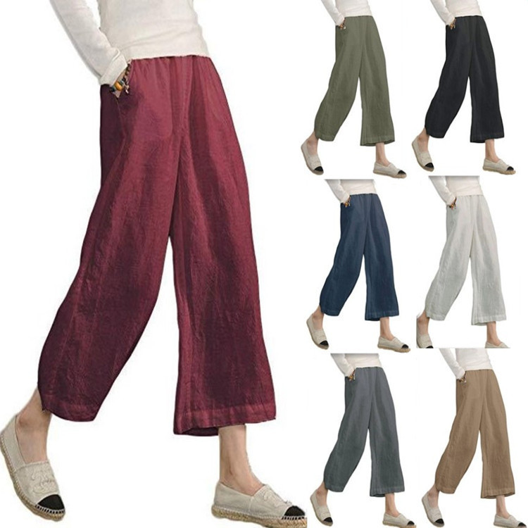 2026 Cross-Border Amazon Ebay Women's Clothing Spring and Summer New Arrivals Solid Color Cotton and Linen Loose Casual Wide-Leg Cropped Pants for Women 2026 Cross-Border Amazon Ebay Women's Clothing Spring and Summer New Arrivals Solid Color Cotton and Linen Loose Casual Wide-Leg Cropped Pants for Women