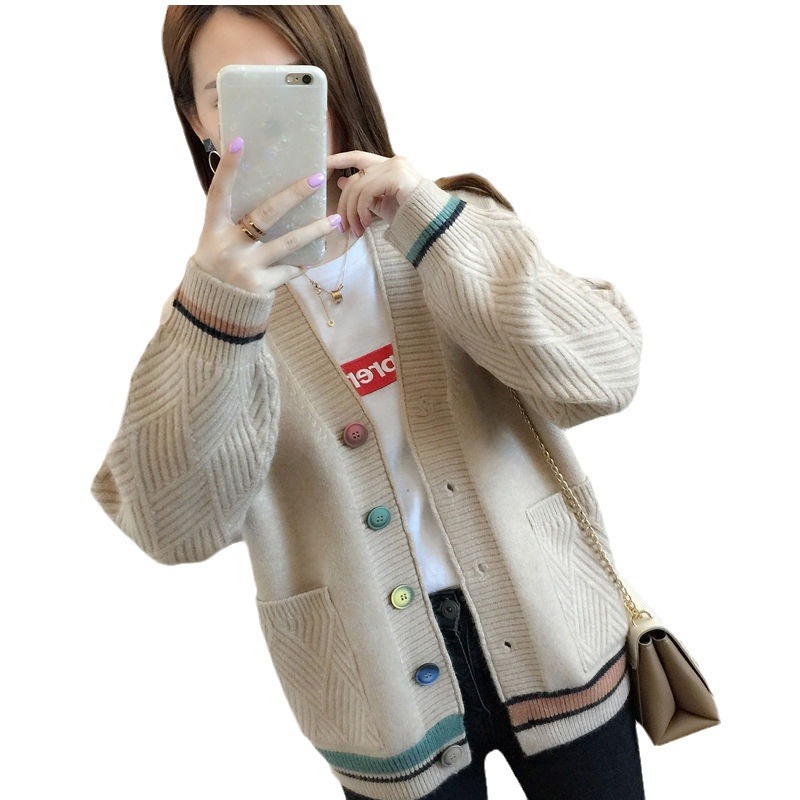 春と秋の新 V ネックカラーブロックセーター女性のコート韓国スタイルルーズ多用途ファッション西洋スタイルニットカーディガン女性|undefined