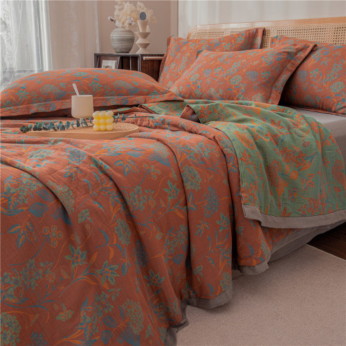 Double-layer yarn soy jacquard pure cotton quilted summer quilt four-piece set cotton air-conditioning quilt thin quilt retro style bedding