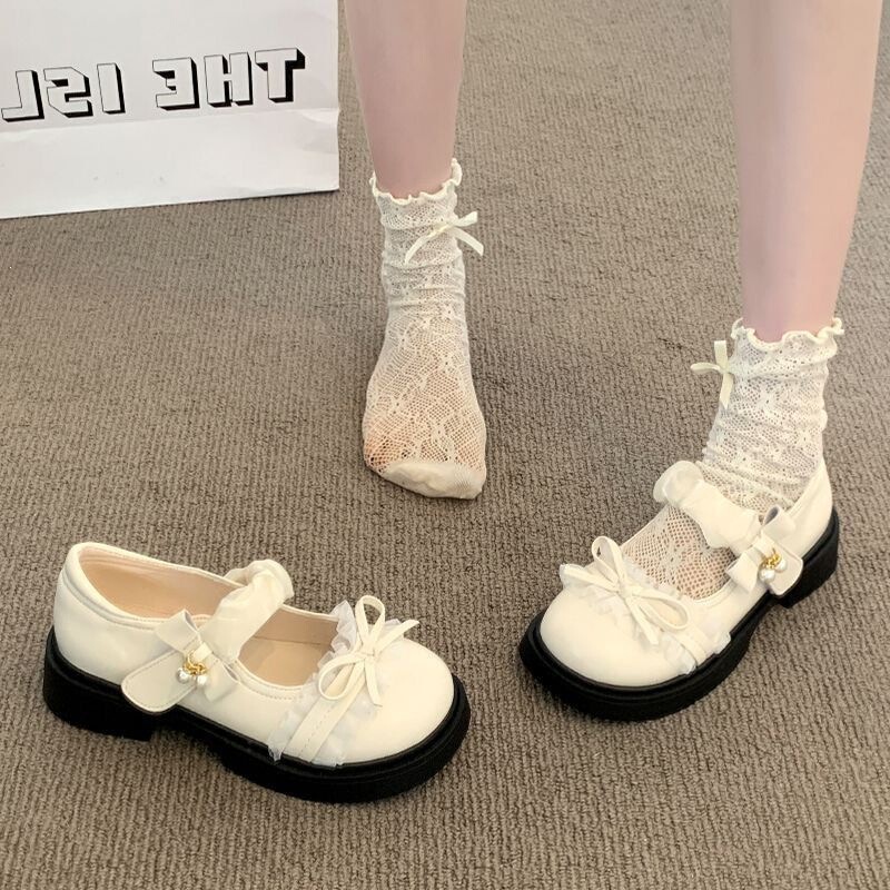 JK Lolita Sweet Bow Lace Mary Jane Shoes for Women, Spring/Summer 2026 New Style, Student Pearl Small Leather Shoes JK Lolita Sweet Bow Lace Mary Jane Shoes for Women, Spring/Summer 2026 New Style, Student Pearl Small Leather Shoes