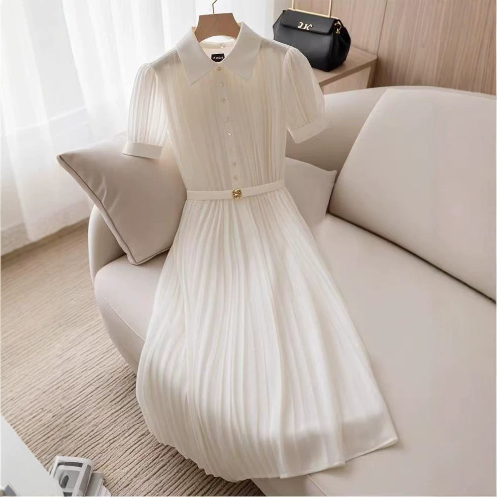 Váy liền maxi cổ chữ V, thiết kế ôm eo, dáng dài thướt tha kiểu Pháp — màu trắng chi tiết 2