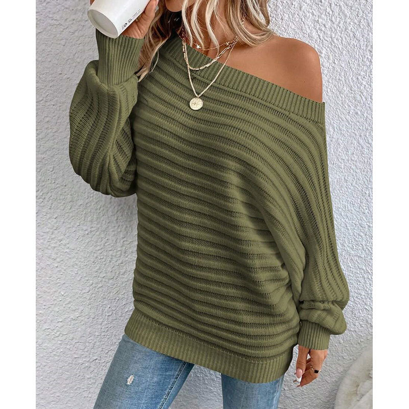 European and American Autumn and Winter New Cross-Border Sweater for Women, Amazon Three-Dimensional Horizontal Stripe Off-Shoulder Batwing Sleeve Pullover Knitwear