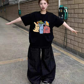 美式纯棉黑色短袖t恤女夏2026新款爆款设计感小众宽松半袖上衣潮