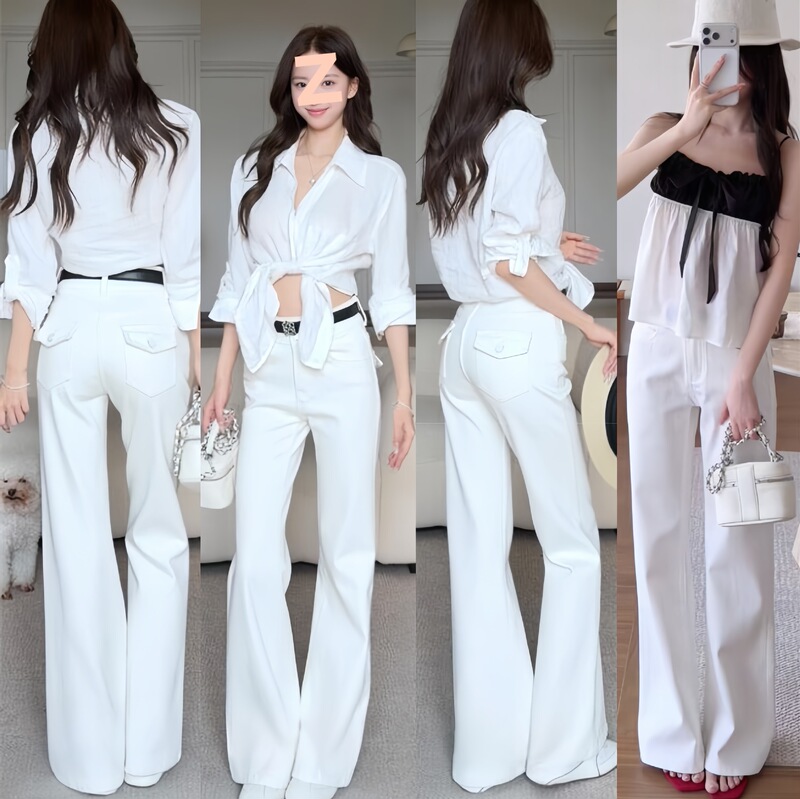 ｜Zizai Bai Niu｜Good Quality Fabric with Four-Way Stretch! Wrinkle-Resistant, Soft and Smooth Mid-Waist White Flared Jeans~