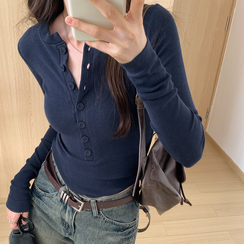Cross-Border 92 Cotton Stylish V-Neck Button Ribbed Long-Sleeve T-Shirt for Women, Suitable for Spring, Autumn, and Winter, Pure Desire Slim-Fit Base Layer Top Cross-Border 92 Cotton Stylish V-Neck Button Ribbed Long-Sleeve T-Shirt for Women, Suitable for Spring, Autumn, and Winter, Pure Desire Slim-Fit Base Layer Top
