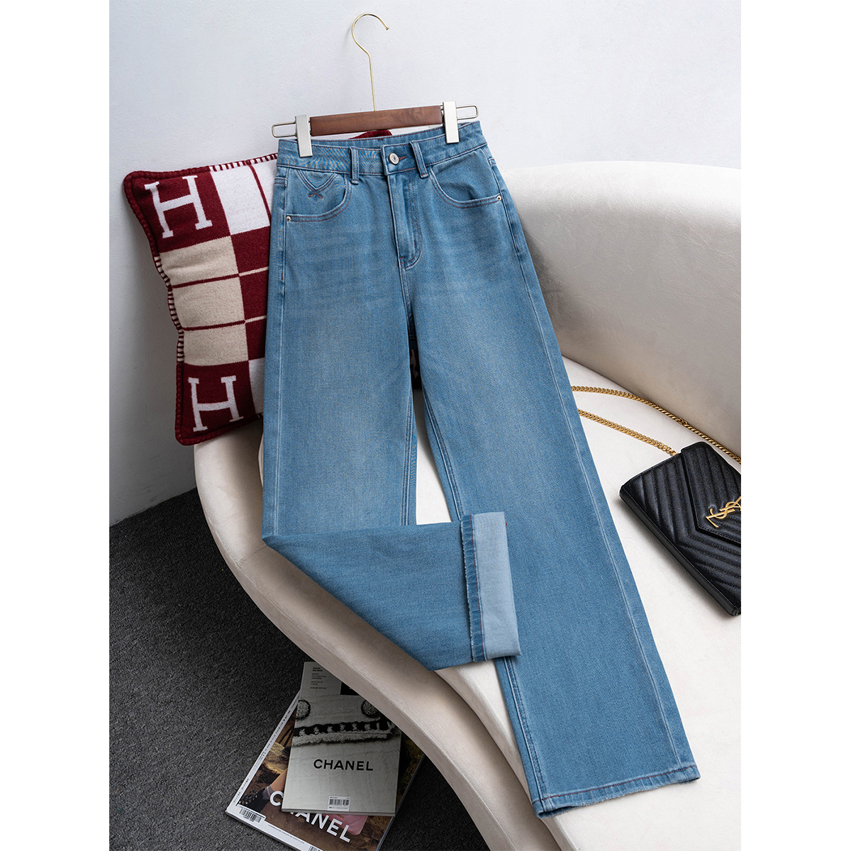 復古藍窄版闊腿牛仔褲女春季新款小個子百搭高腰顯瘦拖地闊腿褲子