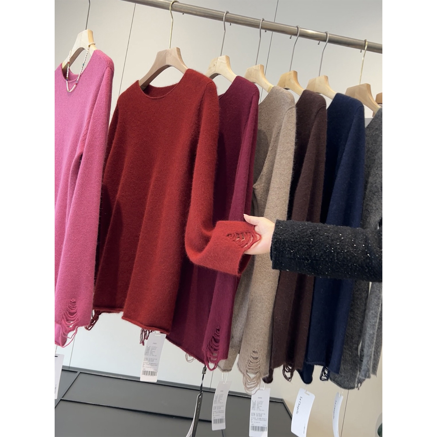 高货！含兔毛绵羊毛 圆领袖口下摆破洞做旧风气质高级感套头毛衣