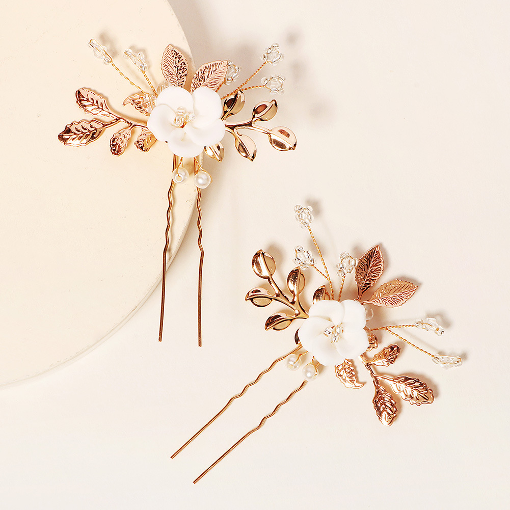 Headwear Classification New Bridal Ornament Golden Leaf Pearl U-shaped Pin Ancient Style Han Chinese Clothing Updo Hair Accessories Ceramic Flower Hairpin