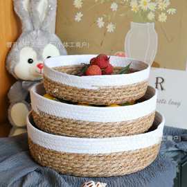 复古草编果盘客厅零食收纳筐日式玄关茶几圆盘杂物盒子 跨境专供
