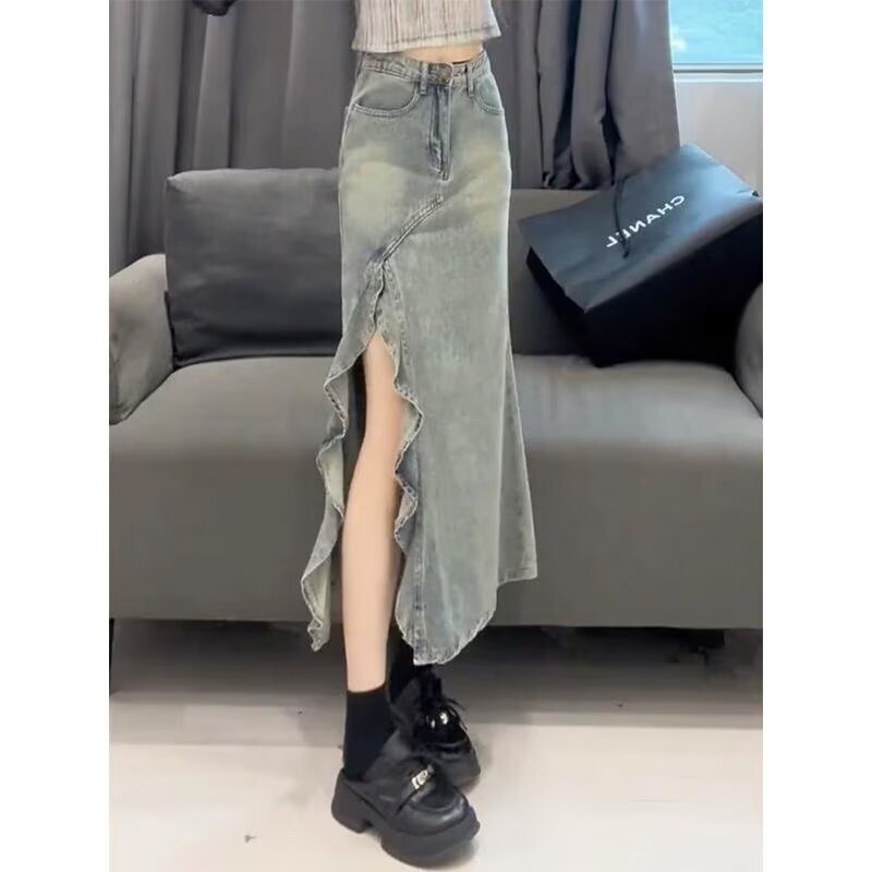 Plus Size American High Street Asymmetrical Fishtail Skirt Women's Summer New High-Waist Slimming Look Old Color A-Line Long Skirt