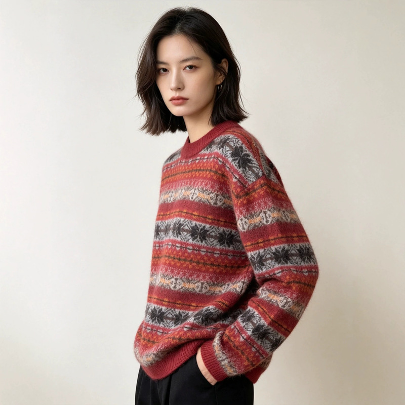 26 Autumn/Winter New Wool Cashmere Silk Brushed Jacquard Fair Isle Loose Fit Warm Pullover 26 Autumn/Winter New Wool Cashmere Silk Brushed Jacquard Fair Isle Loose Fit Warm Pullover