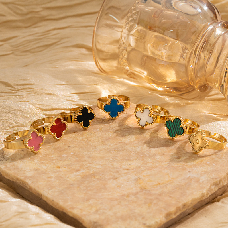 Cross-Border New Style Four-Leaf Clover Ring, Titanium Steel Non-Fading Ring, Simple European and American Style, Niche Design for Women, Stackable Cross-Border New Style Four-Leaf Clover Ring, Titanium Steel Non-Fading Ring, Simple European and American Style, Niche Design for Women, Stackable