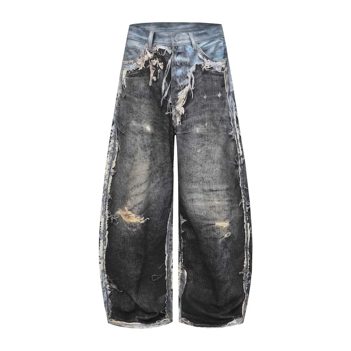 Vintage Distressed Patchwork Denim Pants – Oversized Wide-Leg Streetwear Jeans With 3d Print & Ripped Details (Unisex, Black, S-3xl)_mkmklike.com
