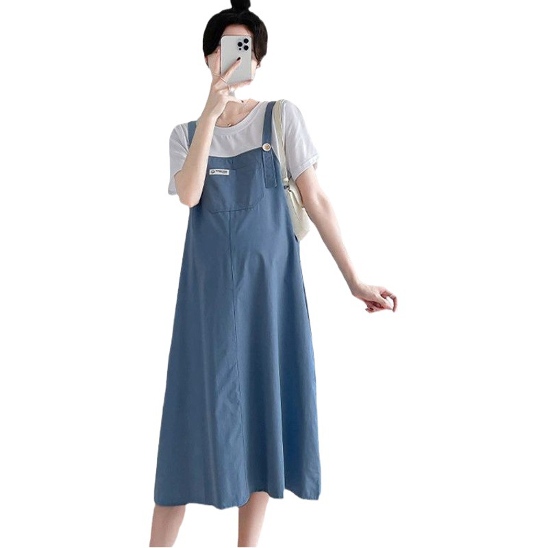 Maternity dress summer dress 2023 new fashion loose mid-length suspender dress fake two-piece stitching maternity dress