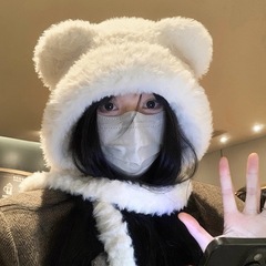 可爱小熊耳朵护耳帽女冬季大头围针织毛绒帽骑车防寒毛茸茸套头帽