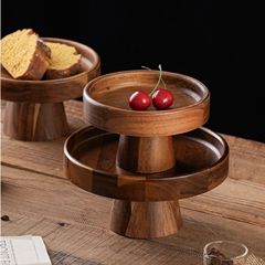 アカシア木製高脚ケーキ皿家庭用客間菓子トレーデザート台展示棚実木高脚果物皿