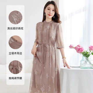 真丝顺宇重工绣花立领中长裙子调节腰显瘦气质桑蚕丝连衣裙女9098