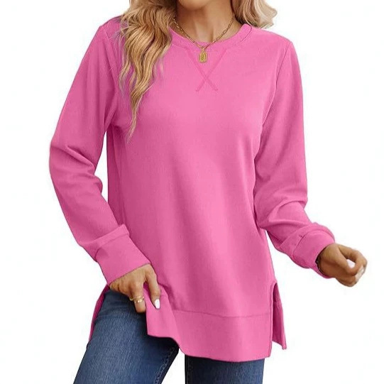 Cross-Border European and American Women's Clothing Amazon 2026 Autumn and Winter New Round Neck Long-Sleeved T-Shirt with Slit at the Bottom, Loose Casual Top Cross-Border European and American Women's Clothing Amazon 2026 Autumn and Winter New Round Neck Long-Sleeved T-Shirt with Slit at the Bottom, Loose Casual Top