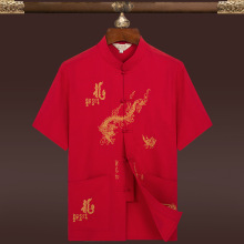 夏季男士唐装中国风刺绣爸爸装中老年短袖唐装跨境货源复古衬衫