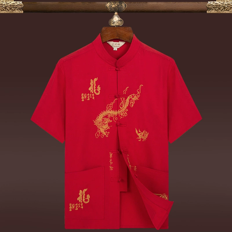 Летний мужской костюм Тан в китайском стиле, костюм для папы с вышивкой, костюм Тан с короткими рукавами для среднего и пожилого возраста, рубашка в стиле ретро, ​​трансграничная поставка