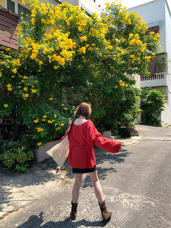 【现货】im向弗里落日蕾丝花边可调节领口提花衬衫女防晒长袖衬衣|undefined