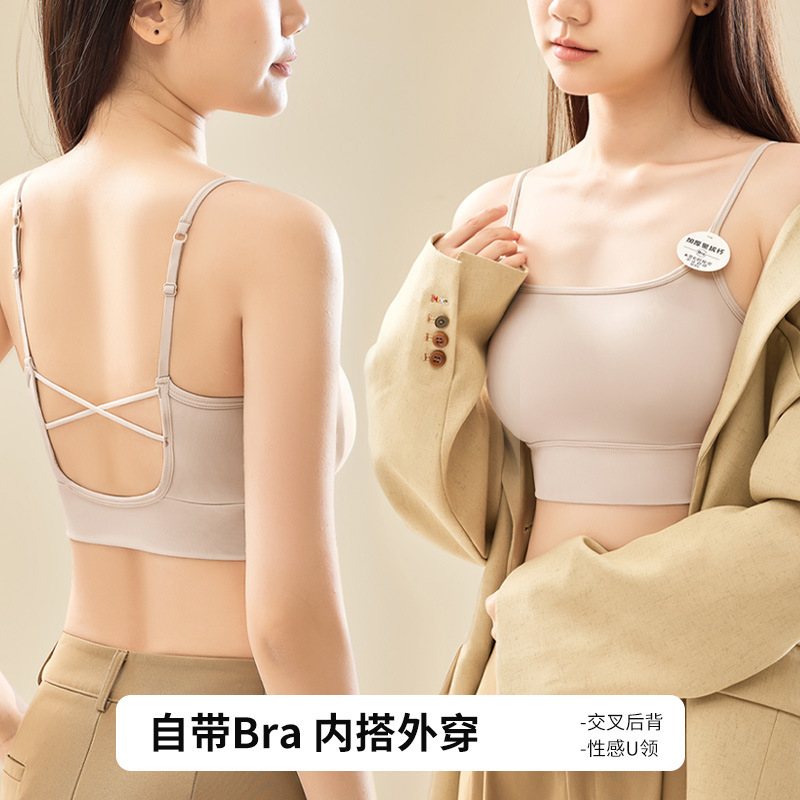 夏季吊带背心女小胸显大加厚胸垫美背一体文胸打底上衣抹胸外穿薄|undefined
