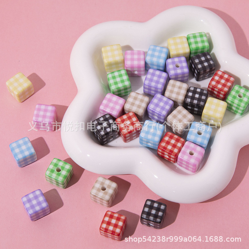Candy Color 14mm Plaid Printed Square Ins Beads DIY Handmade Jewelry Loose Beads Mobile Phone Chain Beaded Bag Hanging