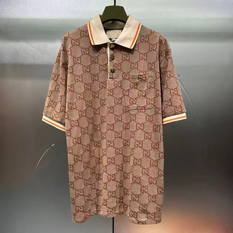 Men's short-sleeve knitted polo shirt with contrasting color jacquard collar and all-over jacquard pattern