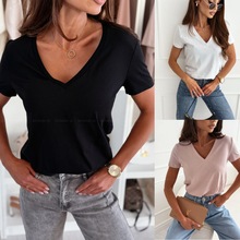 2025独立站wish亚马逊爆款 夏季纯色短袖修身显瘦套头V领T恤女装