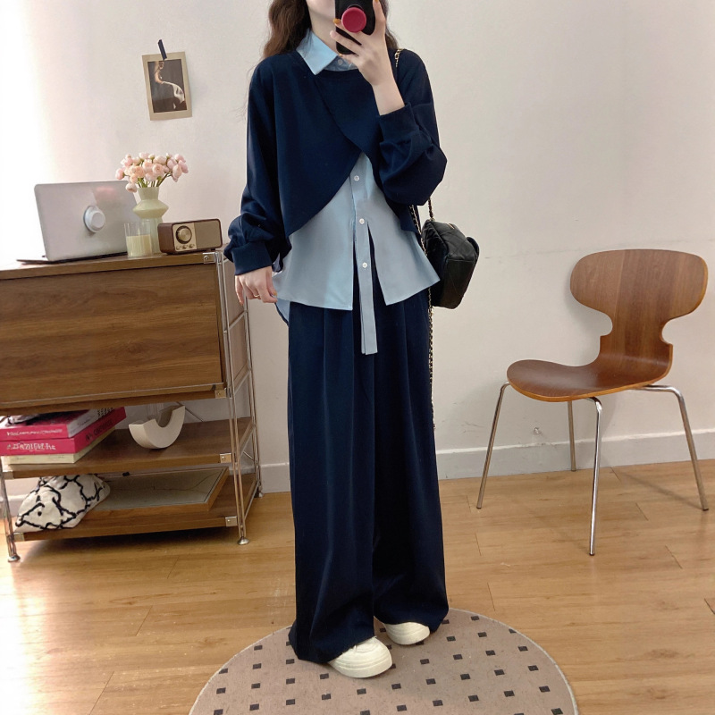 衬衫拼接假两件卫衣套装女2025秋季设计感时尚宽松阔腿裤两件套|undefined