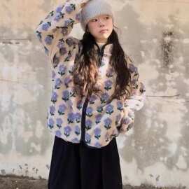 日系甜美紫花摇粒绒外套冬立领拉链宽松不臃肿小个子保暖毛绒上衣