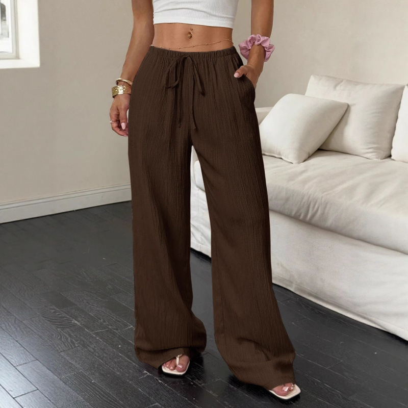 Sommer 2025 – Neue Cross-Border Damen-Freizeithose aus einfarbigem, strukturiertem Stoff mit Knotenbund, schrägen Taschen und weitem Bein_voghion.com