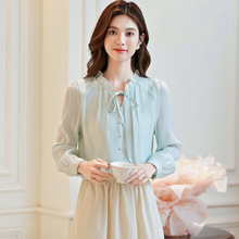蝴蝶结尚欧根纱长袖衬衫女2025秋季新款时尚气质甜美减龄雪纺上衣