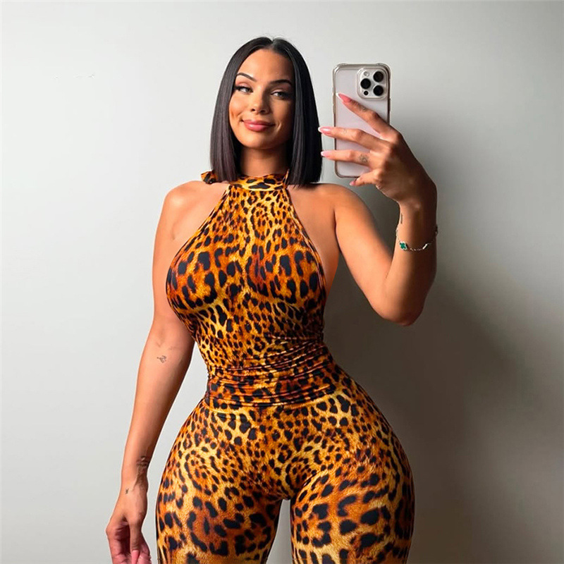 European and American Cross-Border 2026 Summer New Sexy Hot Girl Backless Halter Strap Leopard Print Butt-Lifting Tight-Fitting Jumpsuit for Women