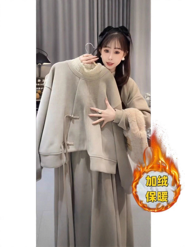 国风卫衣套装女加绒加厚秋冬新款甜美宽松休闲上衣半身裙两件套潮|undefined