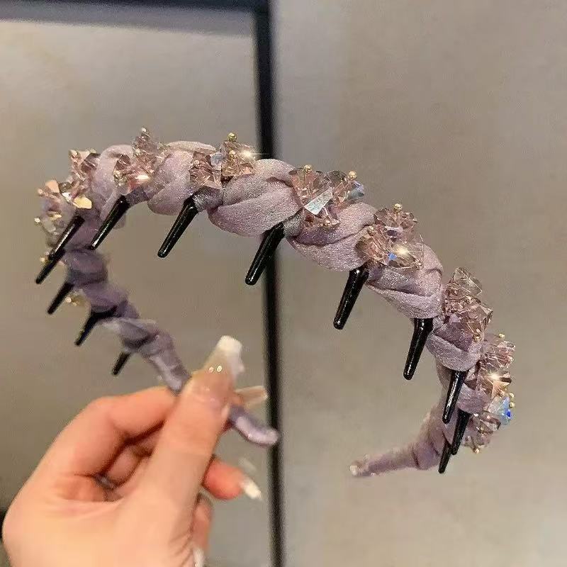 軽奢風新作ラインストーンウェーブネットレッドヘアバンド滑り止めヘアピンおしゃれで上品なヘアフープ歯付きヘアブラシで髪を整えるレインボー|undefined