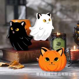 万圣节猫鬼木制标志南瓜装饰万圣节餐桌标志南瓜黑猫独立式装饰
