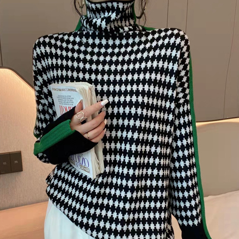Suéter de cuello alto con rayas y patchwork estilo casual para mujer, jersey holgado de punto para primavera y otoño 2026, manga larga adelgazante.