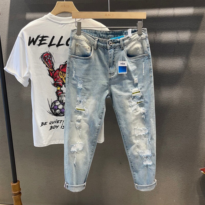 Ripped Cropped Jeans for Men, Trendy Brand, Loose Straight American Style, Hip-Hop, Distressed Harem Skinny, Summer Thin Style