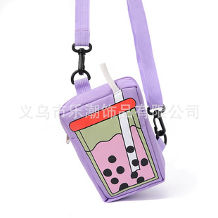 New Dopamine Style Cute Pearl Milk Tea Pattern Creative Canvas Coin Purse Crossbody Mobile Phone Bag Small Backpack