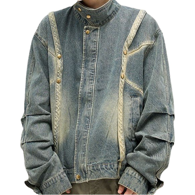 Americano retro costura Denim abrigo de primavera y otoño de los hombres de diseño suelto sentido nicho casual todo-Juego de ropa de trabajo chaqueta superior